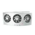 Black and white portable USB-powered car ventilation fan on a car dashboard.