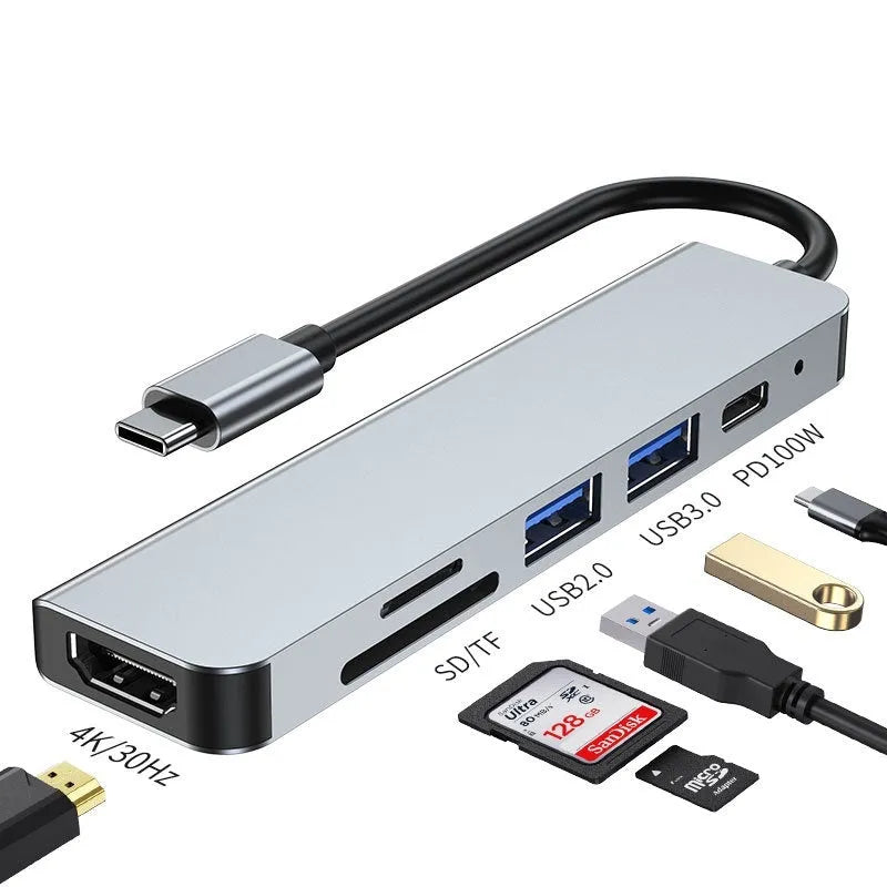 Portable six-in-one Type-C expansion dock for notebooks and tablets with 13.5cm cable