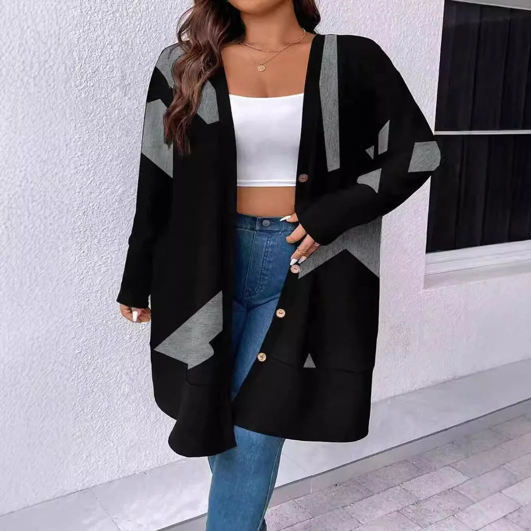 Black loose casual plus size cardigan coat with button stitching detail on polyester fabric