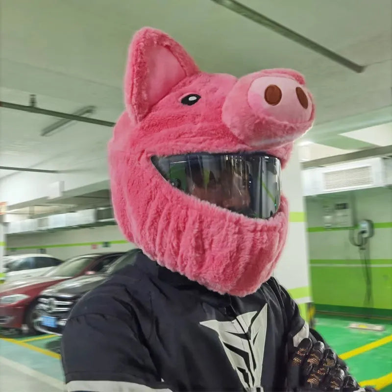 Pink Pig cartoon plush helmet protective hood cover for motorcycle helmets.