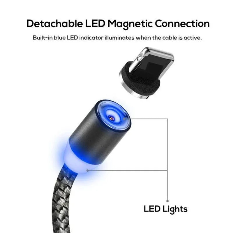 Magnetic charging cable with three magnetic plugs for Android, Apple and Type-C devices with aluminium alloy shell