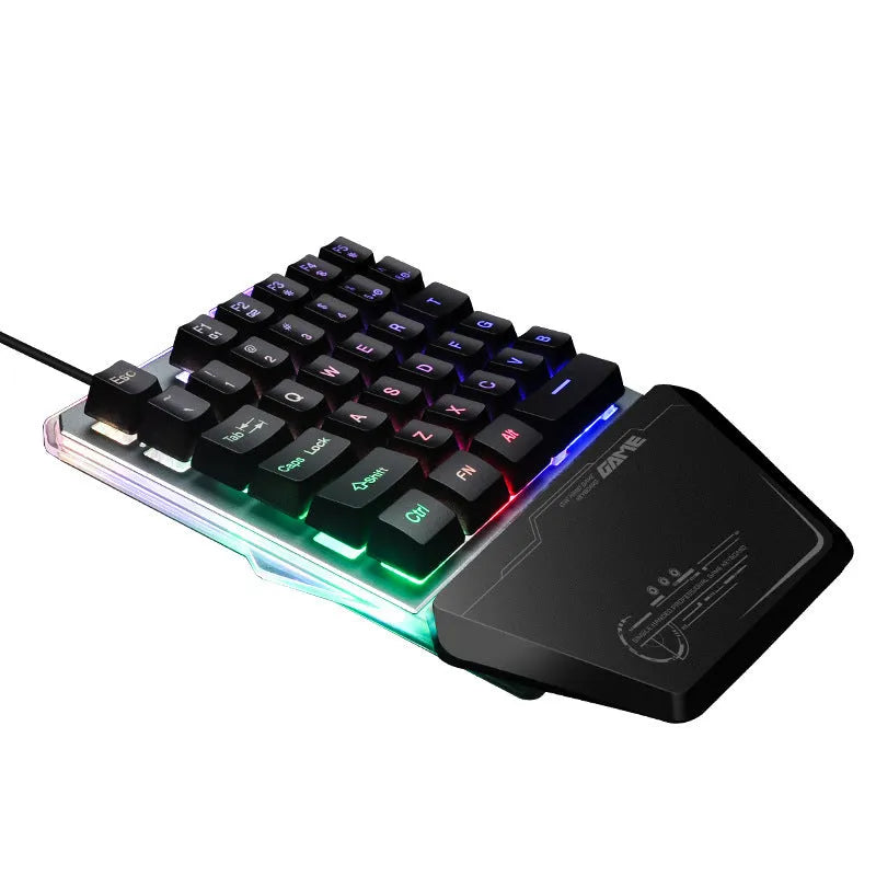 Black one-handed mechanical gaming keyboard with RGB backlit keys and USB cable