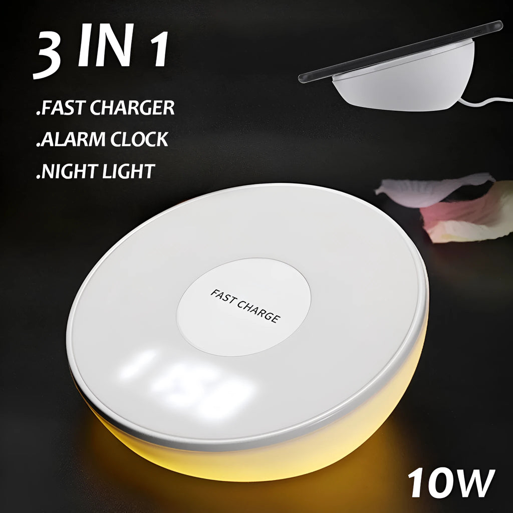 White wireless charger with digital clock display and night light feature on a bedside table