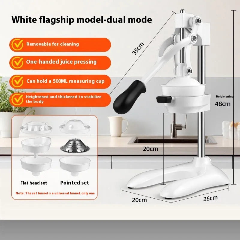 Stainless steel manual orange juicer with quick-disassembly design on countertop