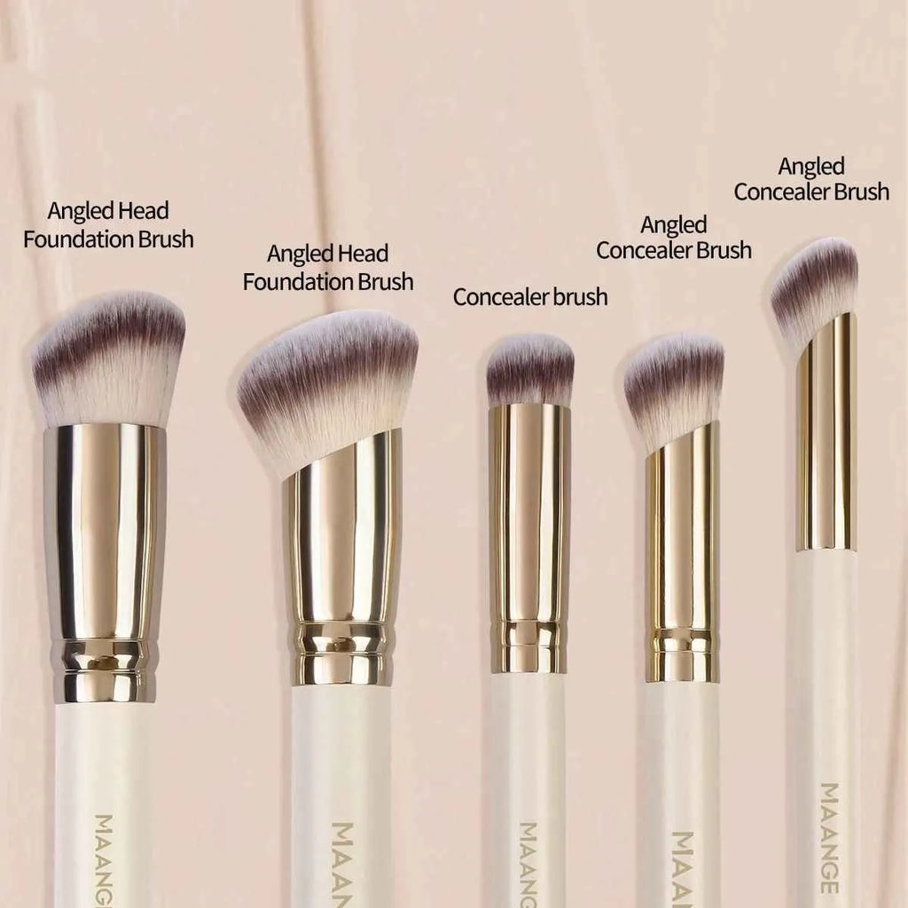 Five apricot-coloured makeup brushes with angled synthetic bristles for powder, blush and foundation application