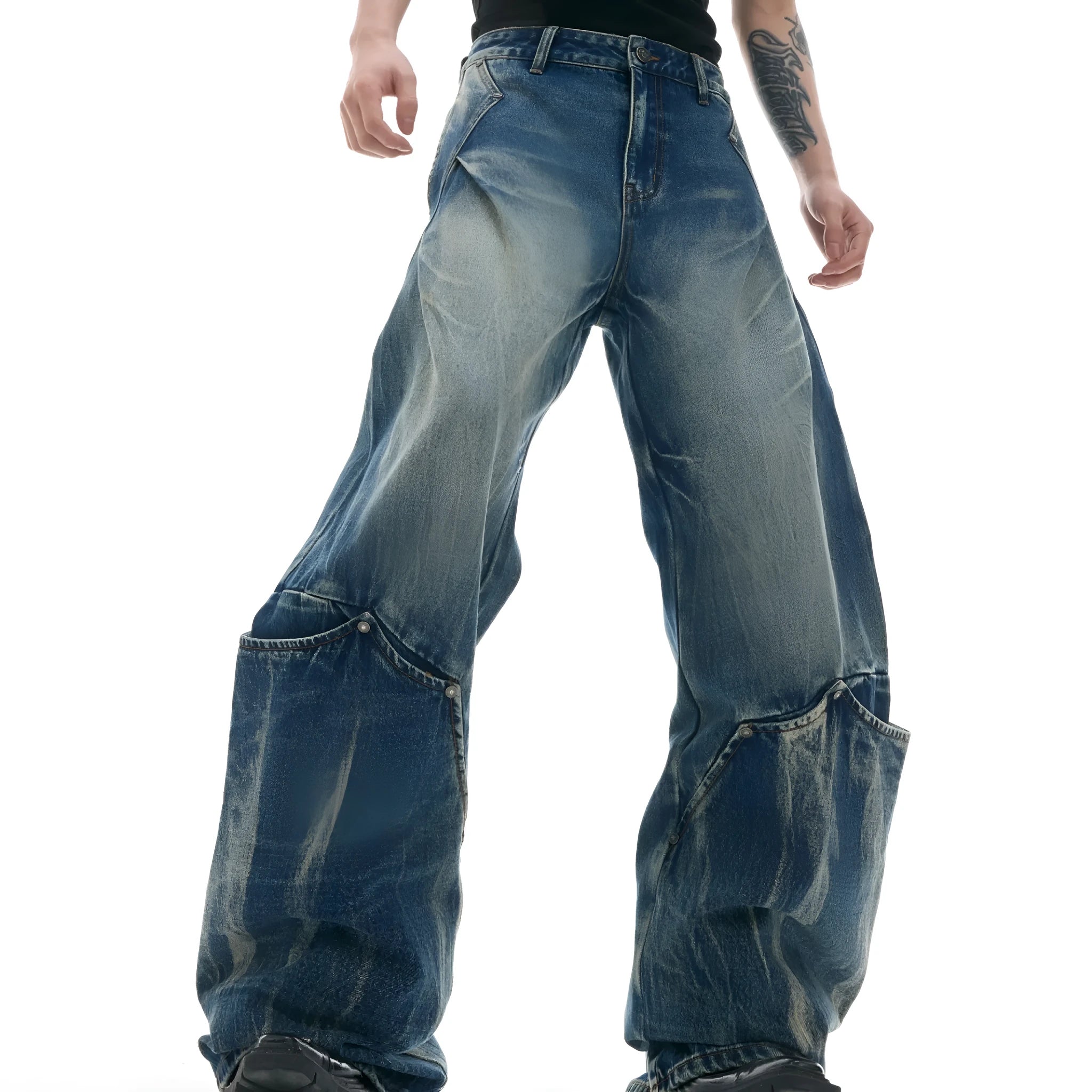Men's verdant blue retro washed burst pattern curved knife jeans with loose fit