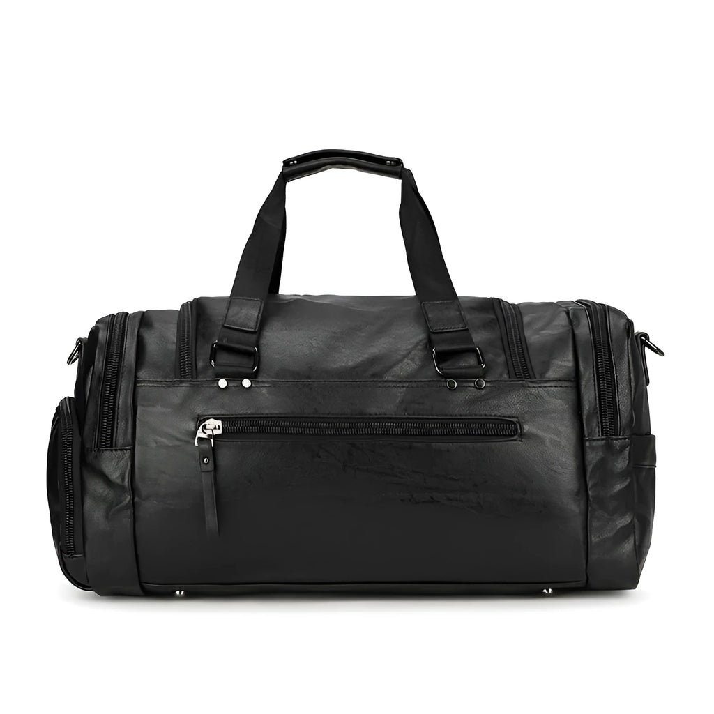 Black travel holdall bag with shoe compartment showing dimensions 52cm × 19cm × 27cm