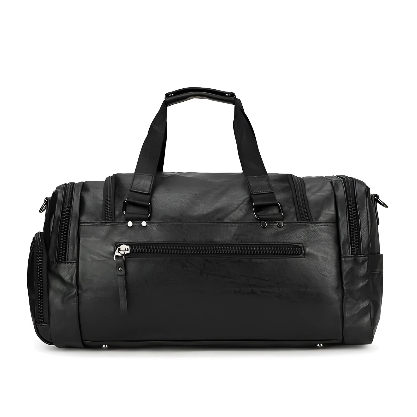 Black travel holdall bag with shoe compartment showing dimensions 52cm × 19cm × 27cm