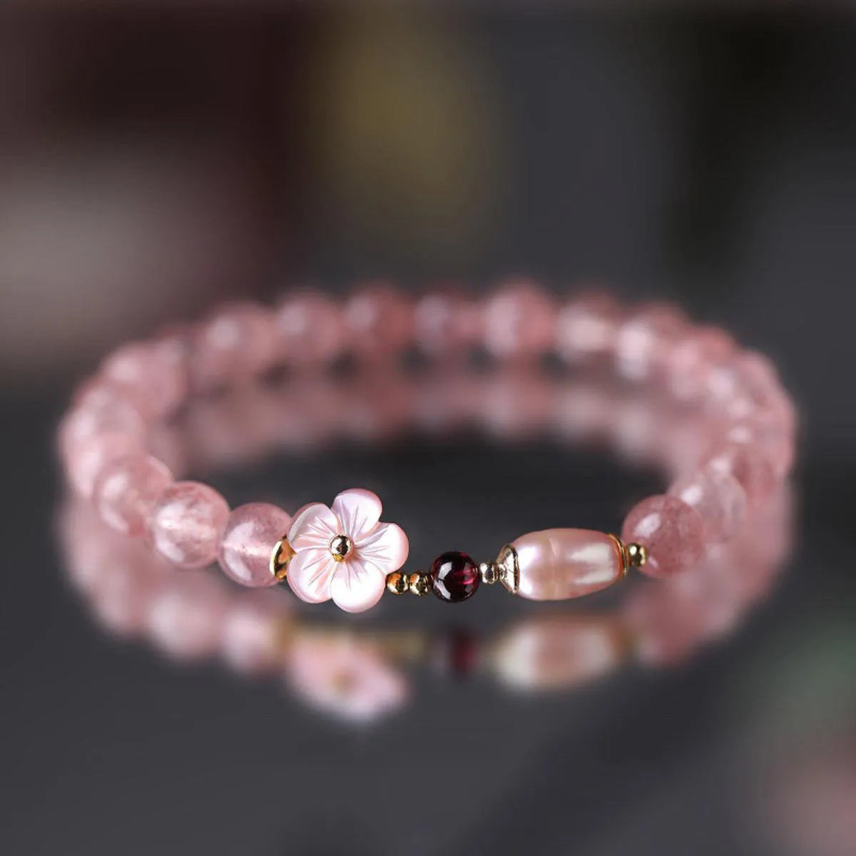 Strawberry quartz peach blossom crystal bracelet for women with flower design and adjustable sizing