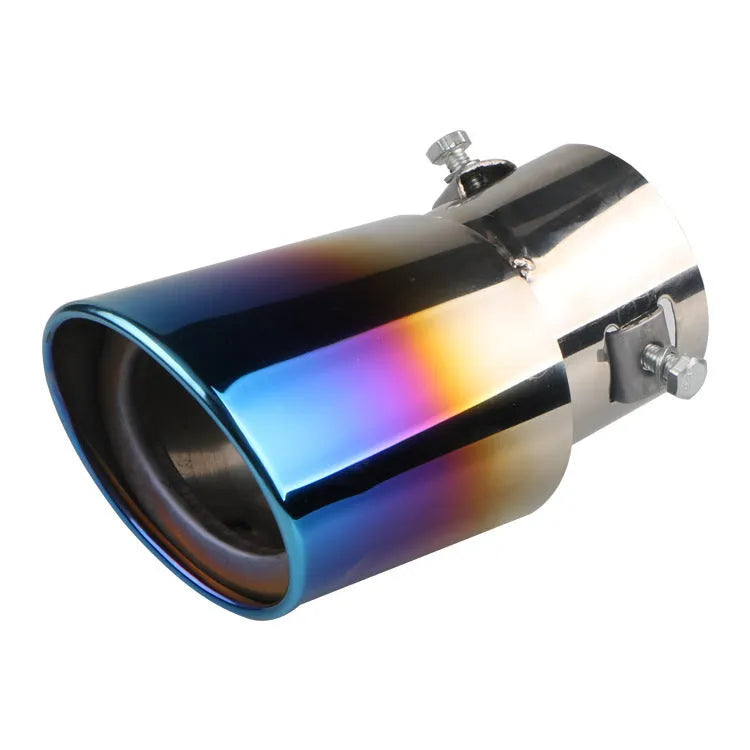 Stainless steel car exhaust tail pipe tip in baked blue finish, showing straight and curved shape options.