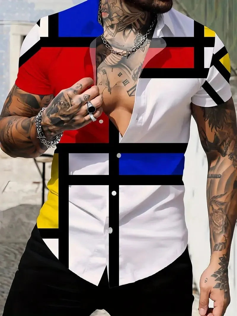 Men's slim fit short sleeve shirt with geometric line printing on the lapel, shown in a casual summer style.