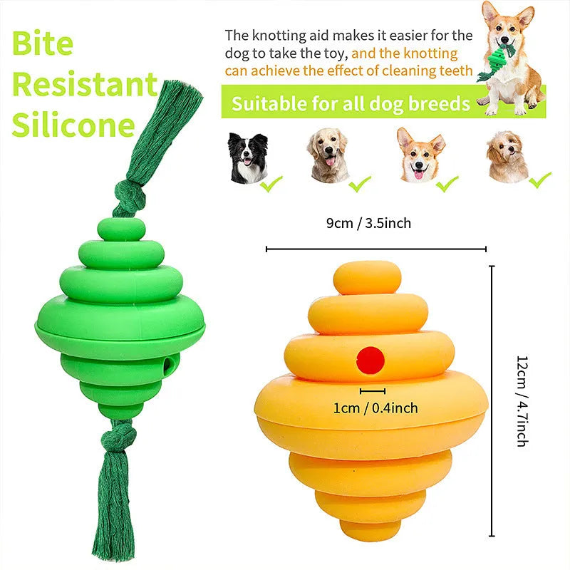 Green and yellow silicone dog ball with rope handle for tug-of-war and treat dispensing