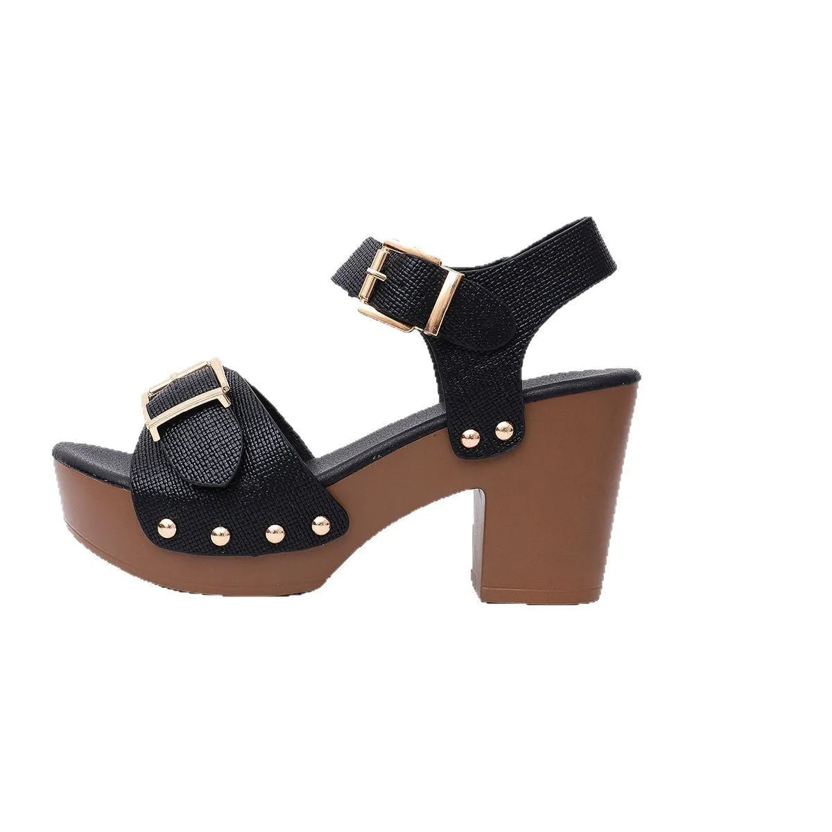 Plus size women's buckle sandals with thick high heel in beige, black or brown colours