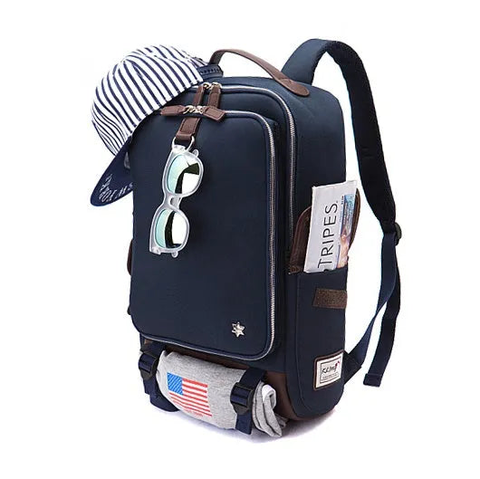 Modern Korean style men's backpack in Oxford cloth showing army green colour option.