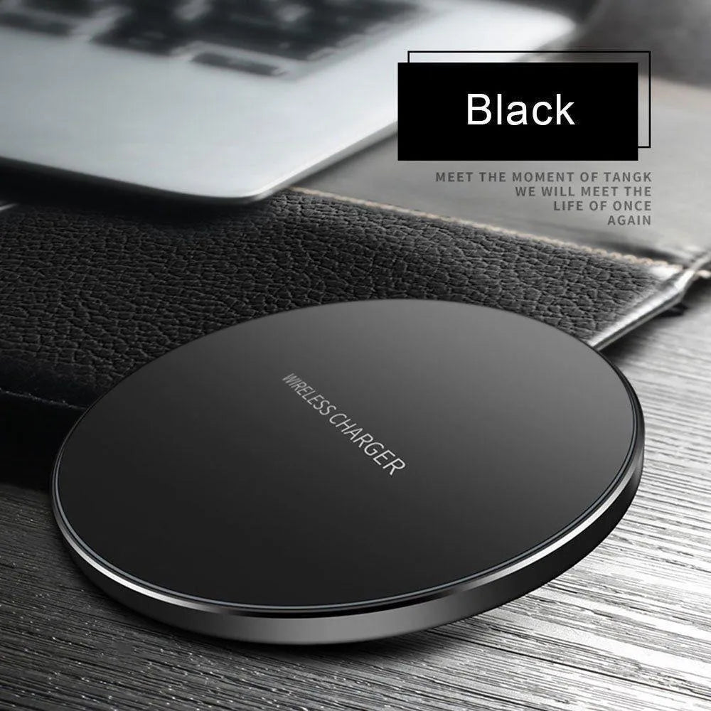 Ultra-thin matte black wireless charging pad with 9V fast charging and 98mm square dimensions