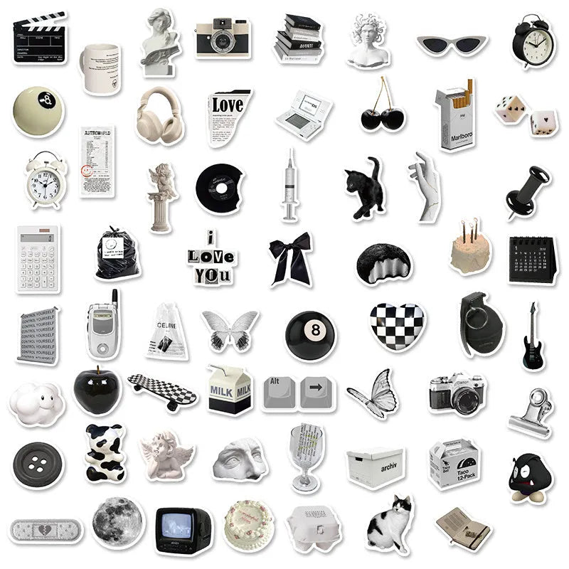 Black and white sticker set with 61 pieces, PVC waterproof material for laptops and cups