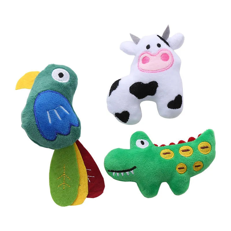 Soft plush cat toy shaped like a cow or parrot, filled with catnip, on a neutral background.