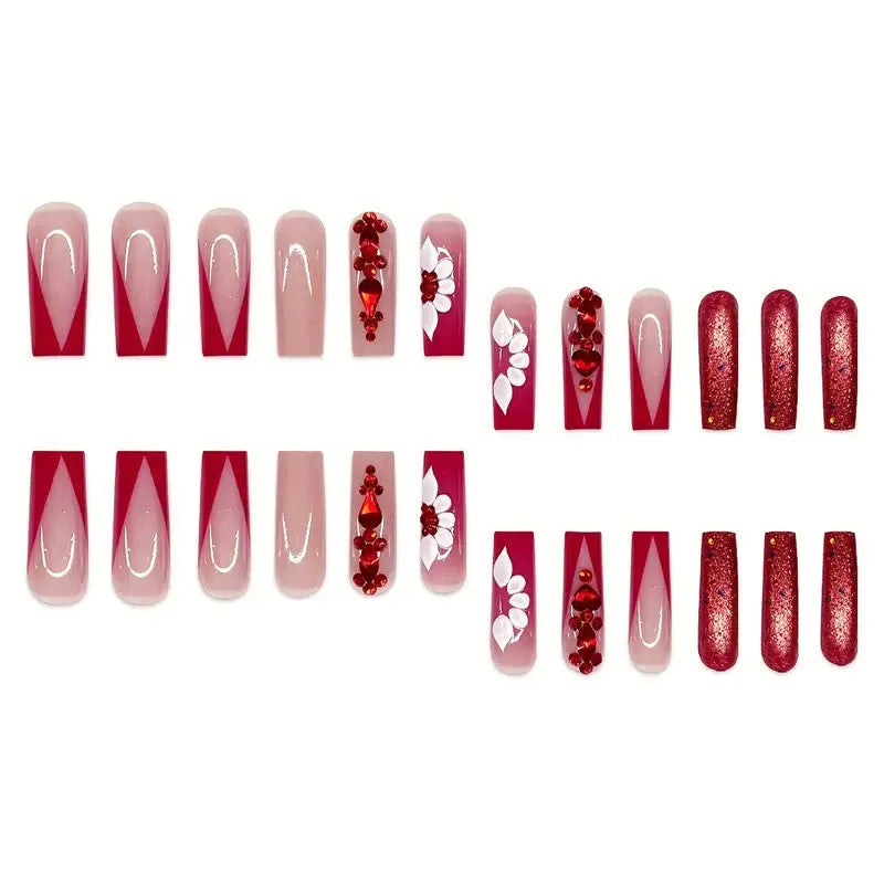 Sweet Flowers pattern false nails with red diamonds in long European Square style