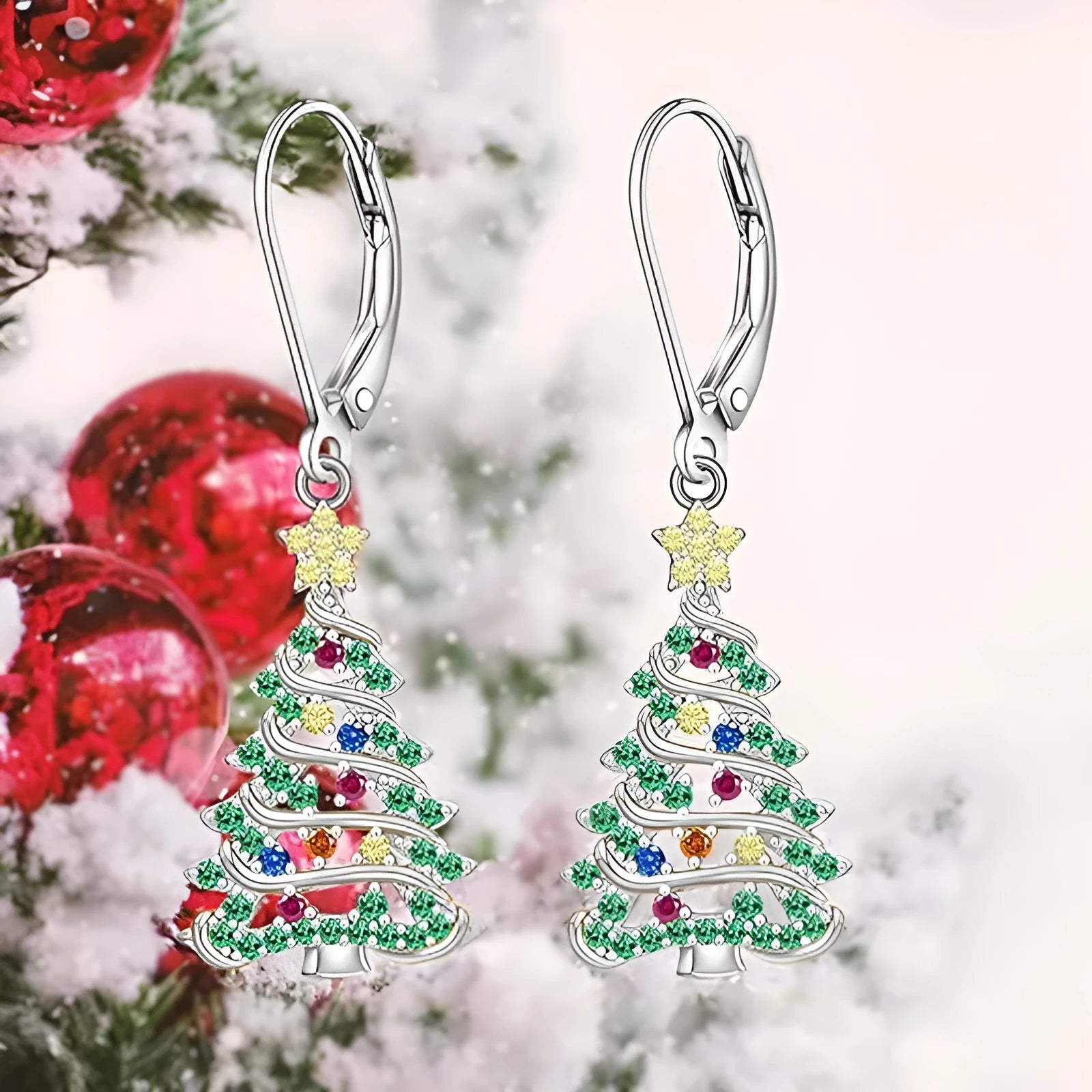 Women's Christmas tree earrings in star shape with white gold colour finish
