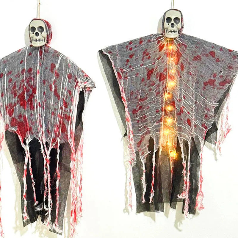 Plastic luminous blood-dyed skull hanging ghost Halloween decoration for outdoor use.