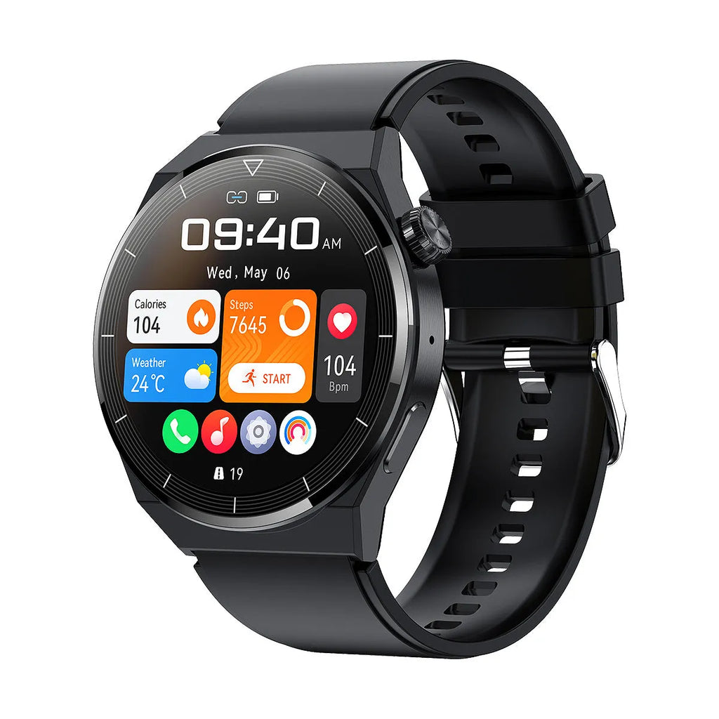 Black and silver Bluetooth call NFC smart watch body with 1.36 inch round screen and silicone band