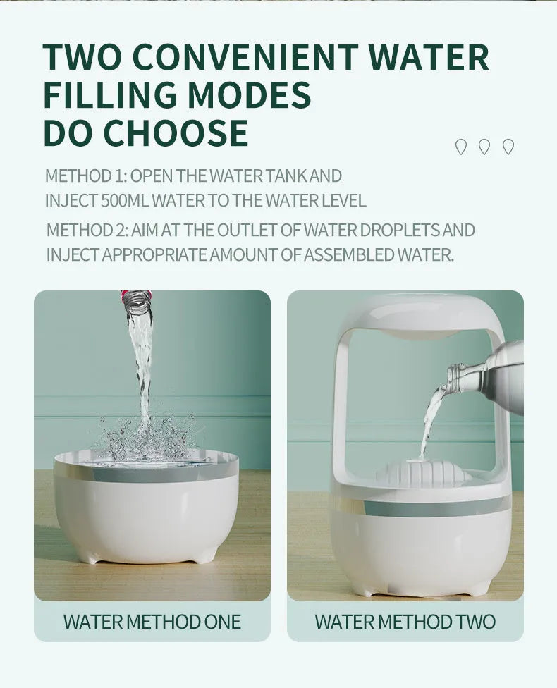 White anti-gravity humidifier on a desk showing water droplets in mid-air backflow, with USB cable.