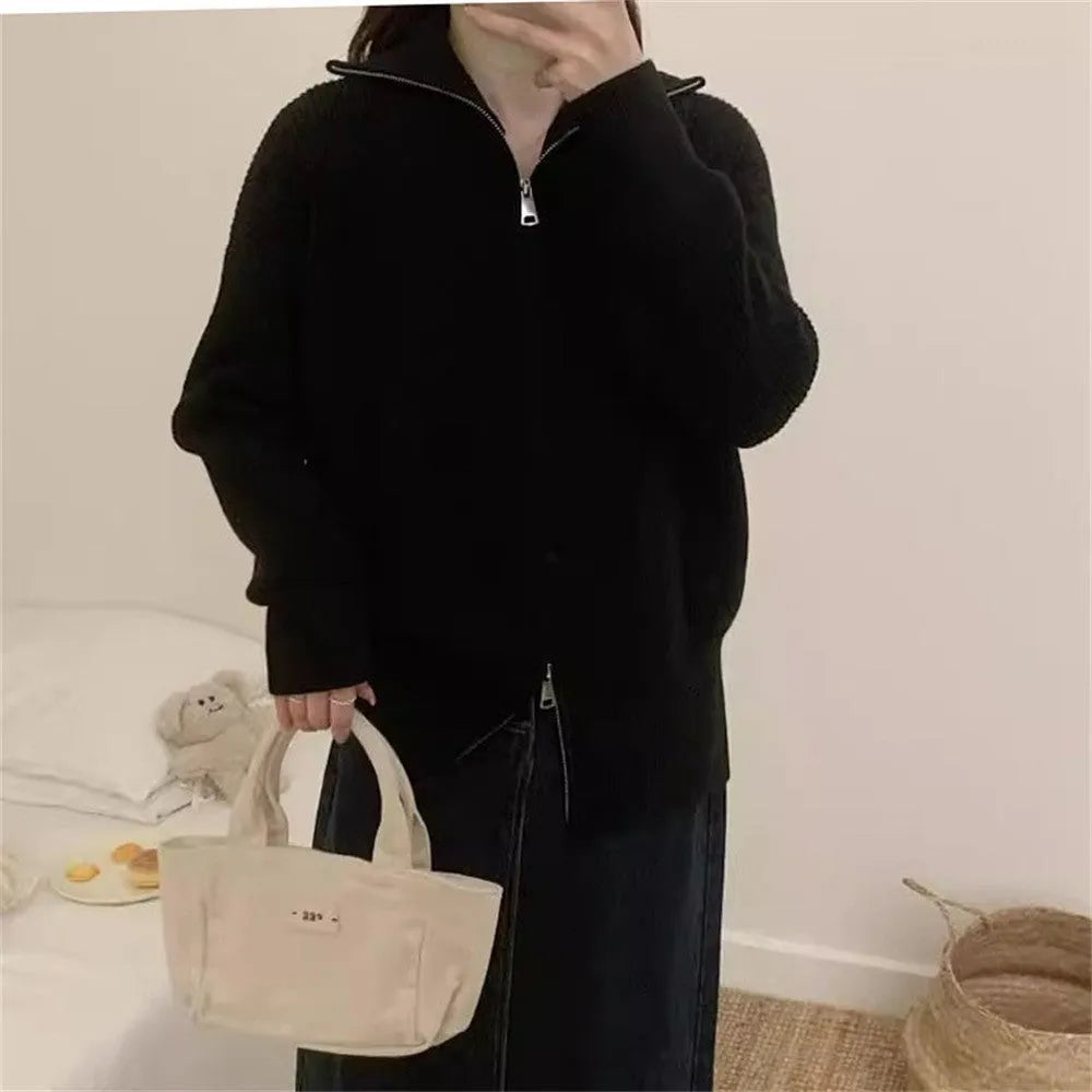 Hong Kong style double zipper knitted cardigan with floral decoration in loose fit free size