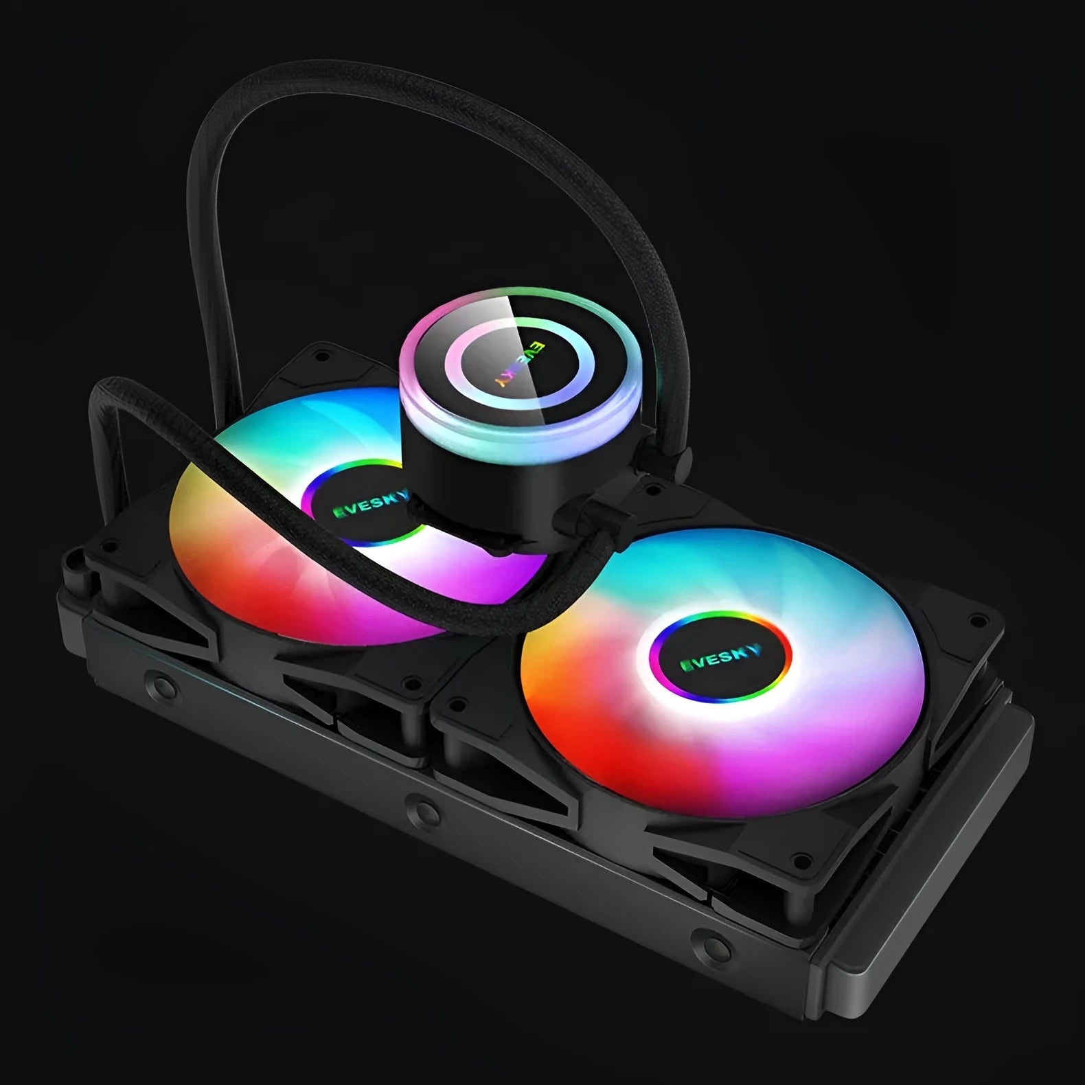 Aluminium CPU radiator with fan, shown in 120mm, 240mm, and 360mm sizes with RGB lighting option.