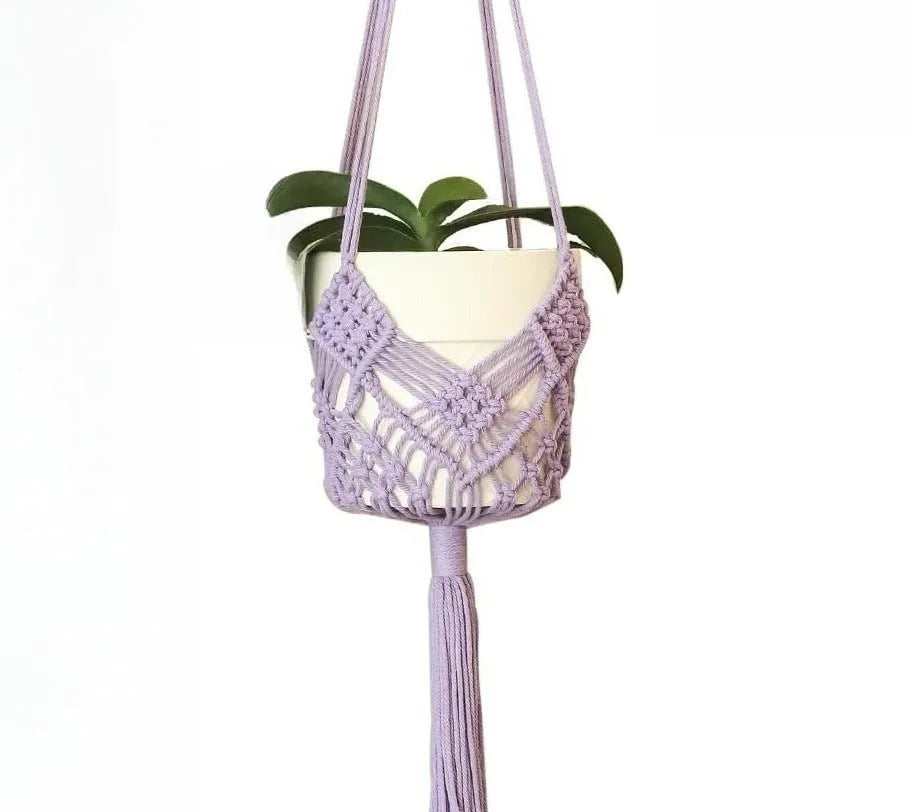 Hand-woven polyester cotton flower pot net pocket in brown, hanging with a green plant.