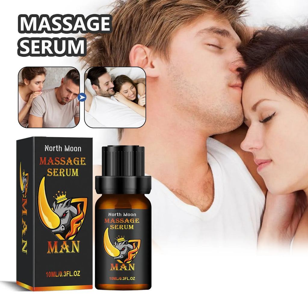 A 10ml bottle of men's body care massage oil with ginger and cocoa butter.