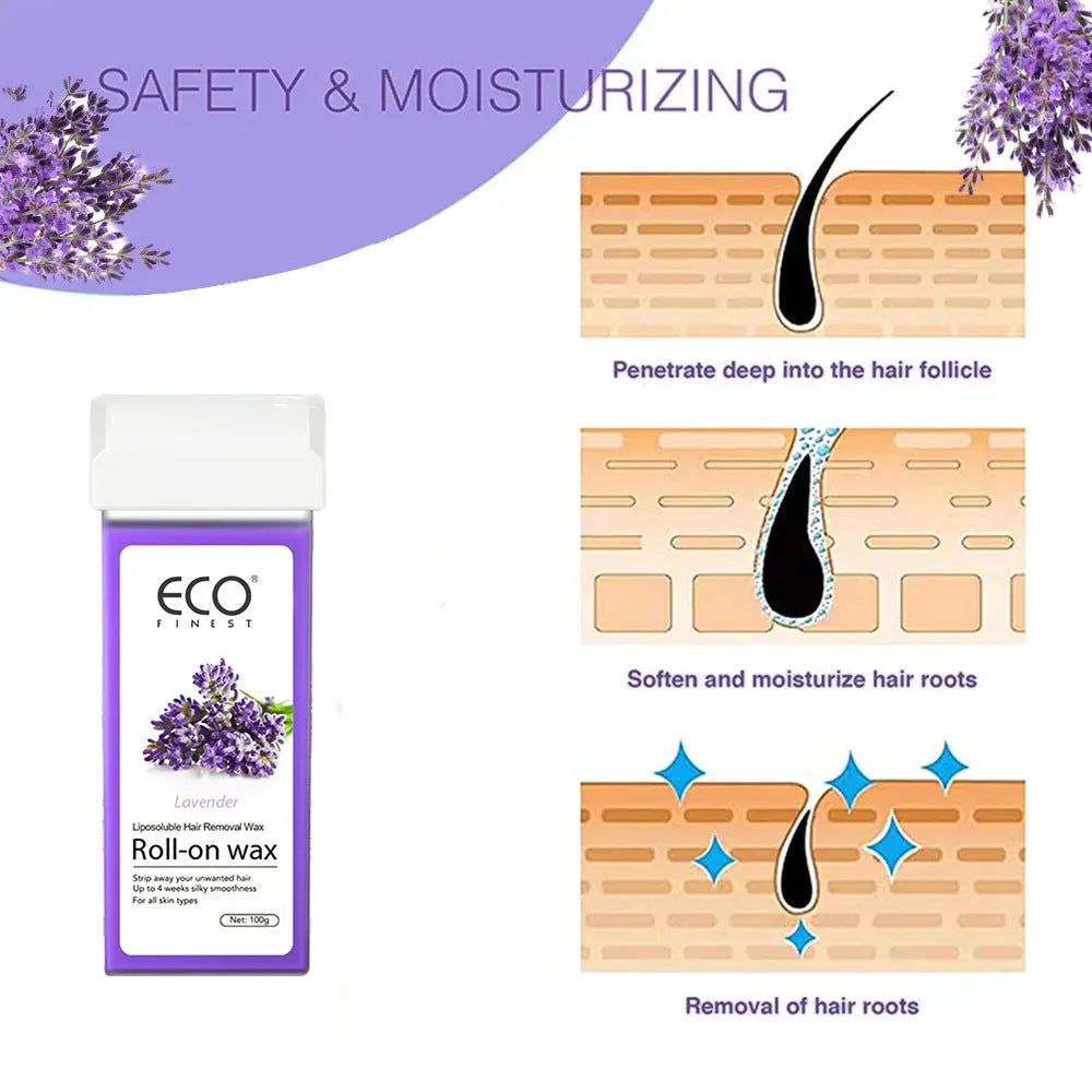 Pot of lavender-scented hair removal wax for body hair removal on legs, arms, underarms, and bikini line