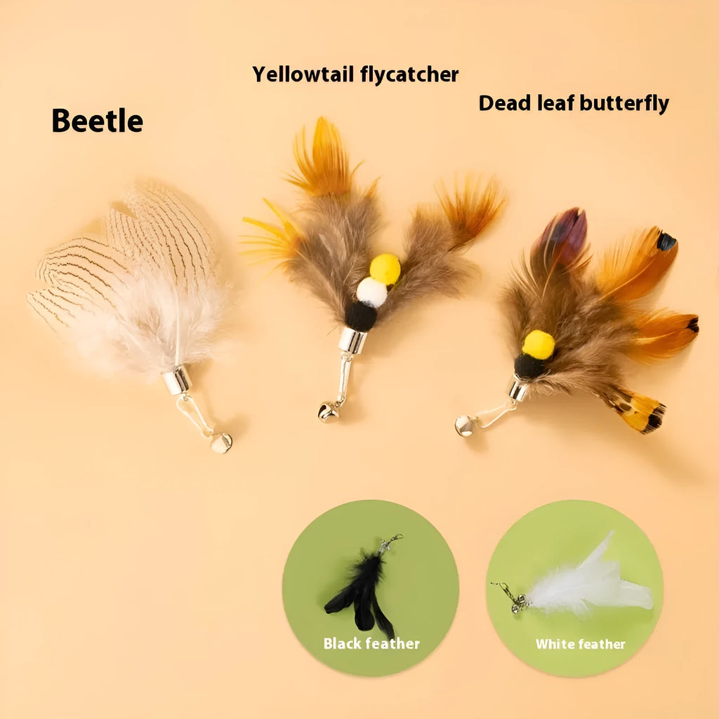 Three small flying insect cat toy replacement heads with steel wire stems on white background