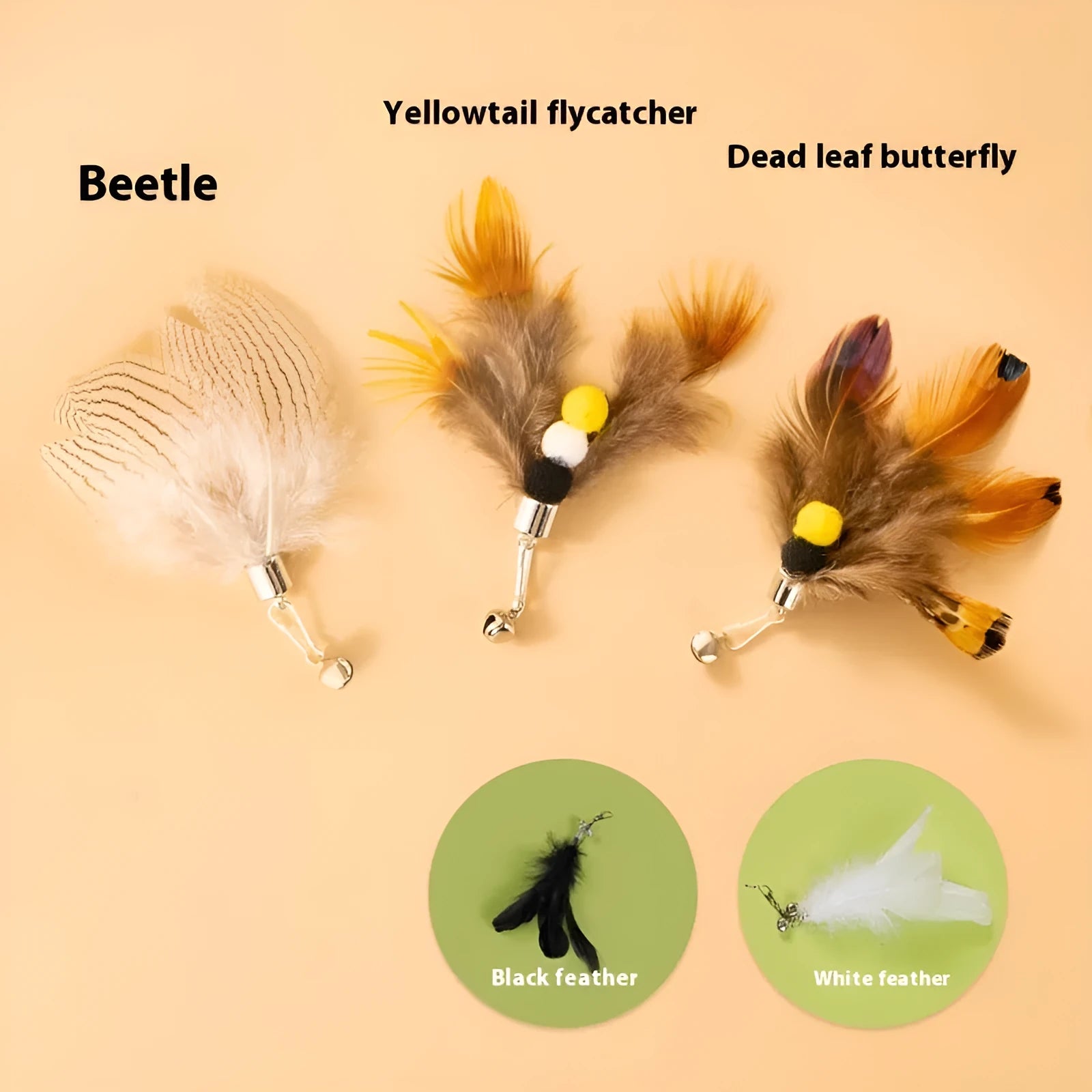 Three small flying insect cat toy replacement heads with steel wire stems on white background