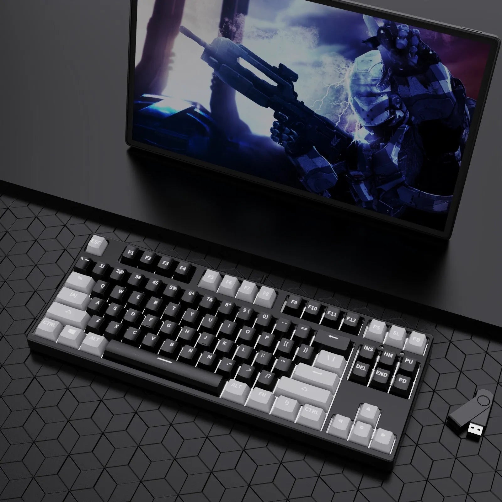 87-key wired mechanical keyboard with hot-swappable sockets showing colour options and included accessories