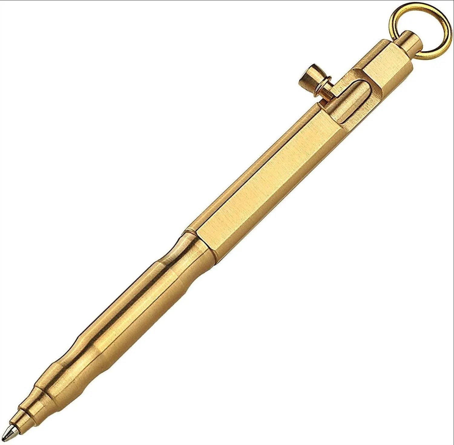 Brass tactical pen with hexagonal bolt machine gun design in brass or black finish