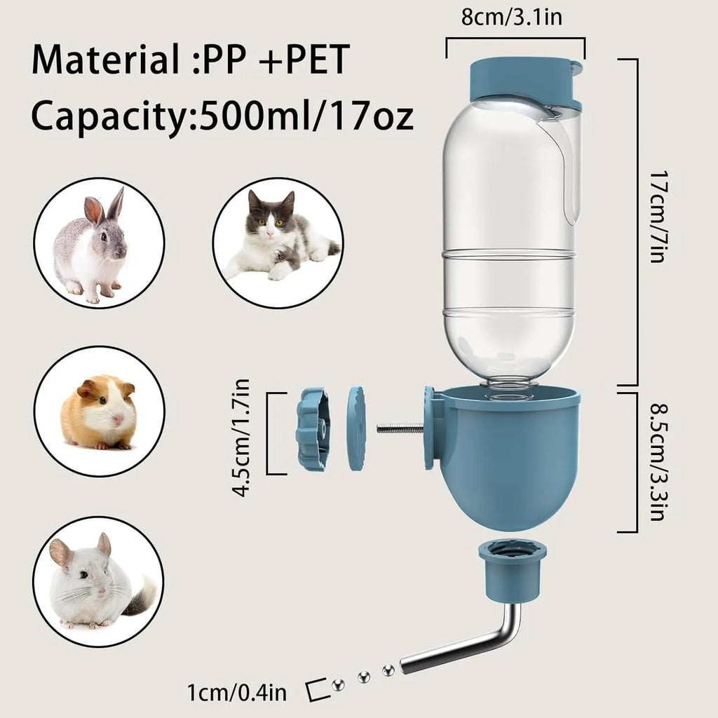 Blue small animal cage water bottle with rotatable nozzle and metal clip for rabbits and guinea pigs.
