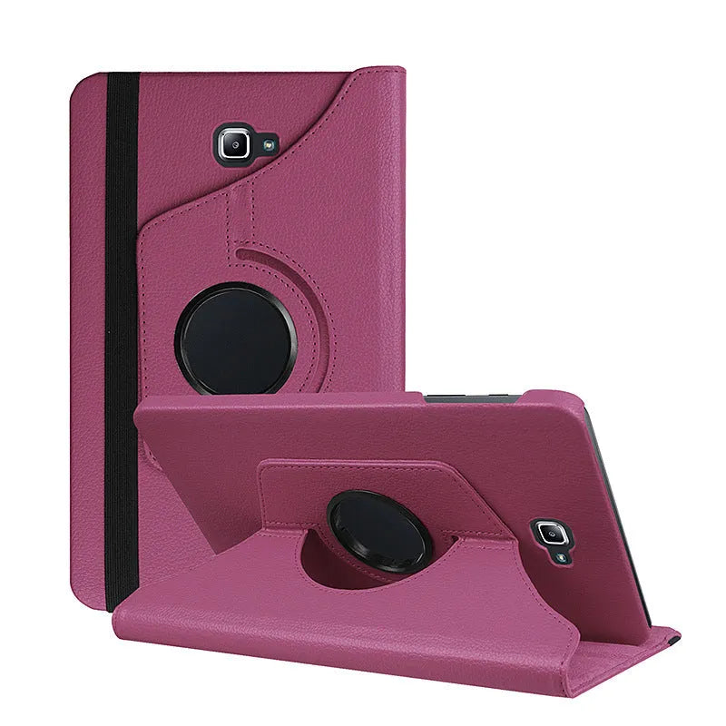Rotating leather tablet case in clamshell design for iPad 1, shown in multiple colour options.