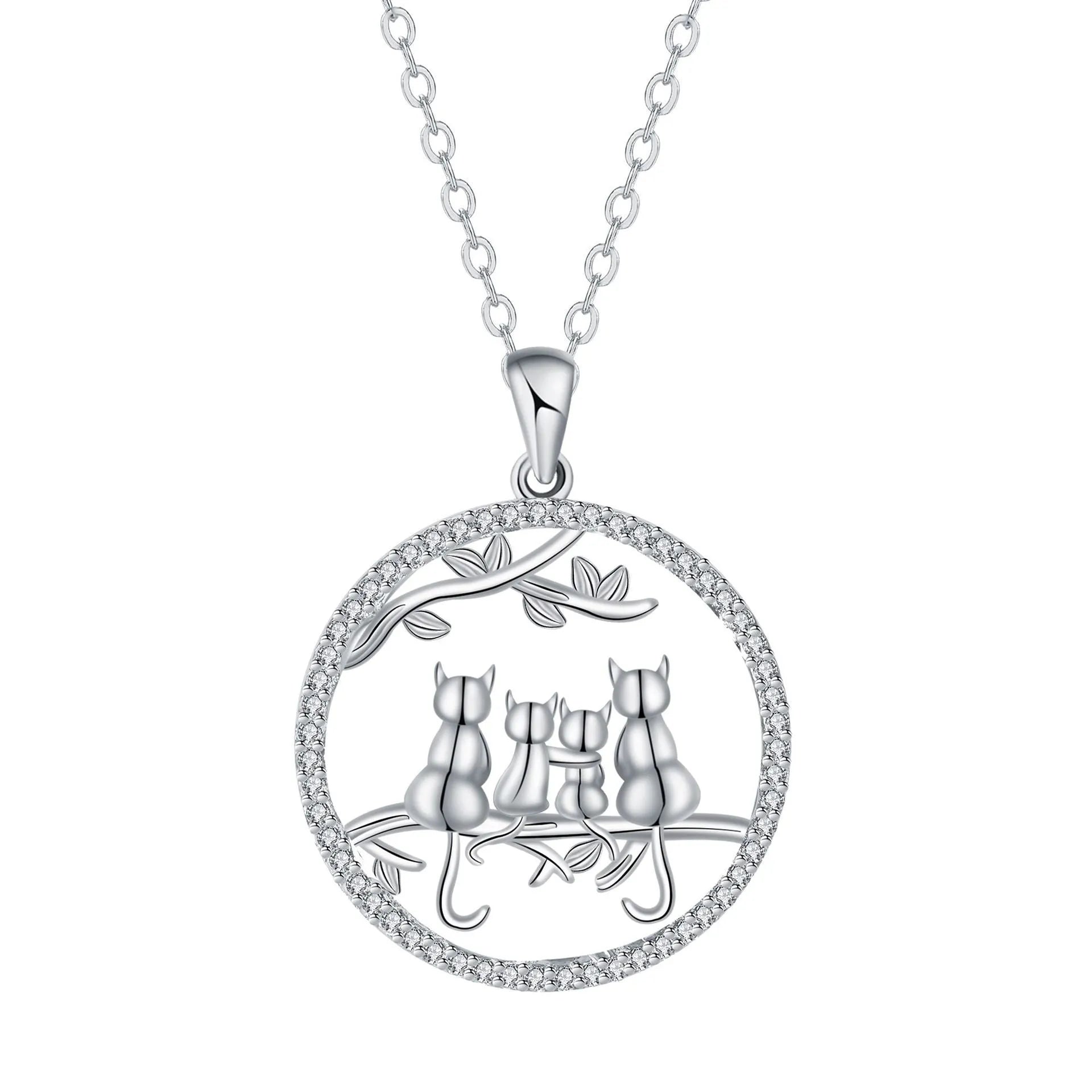 Four kitten pendant necklace with copper chain and cross link design