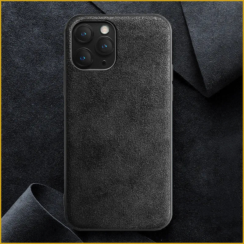 Suede back cover phone case for iPhone in elegant black, dark night green and dark blue.