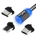 Magnetic charging cable with three magnetic plugs for Android, Apple and Type-C devices with aluminium alloy shell
