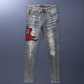 Mens old colour distressed patchwork skinny jeans with embroidery on a micro-elasticity cotton fabric.