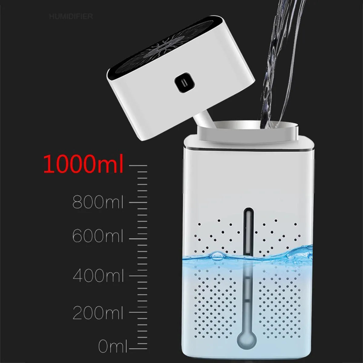 Black or white desktop humidifier with USB cable, 1000ml water tank, dimensions 103mm x 103mm x 218mm.
