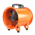 Industrial axial flow fan with titanium steel blades and attached air duct for ventilation.