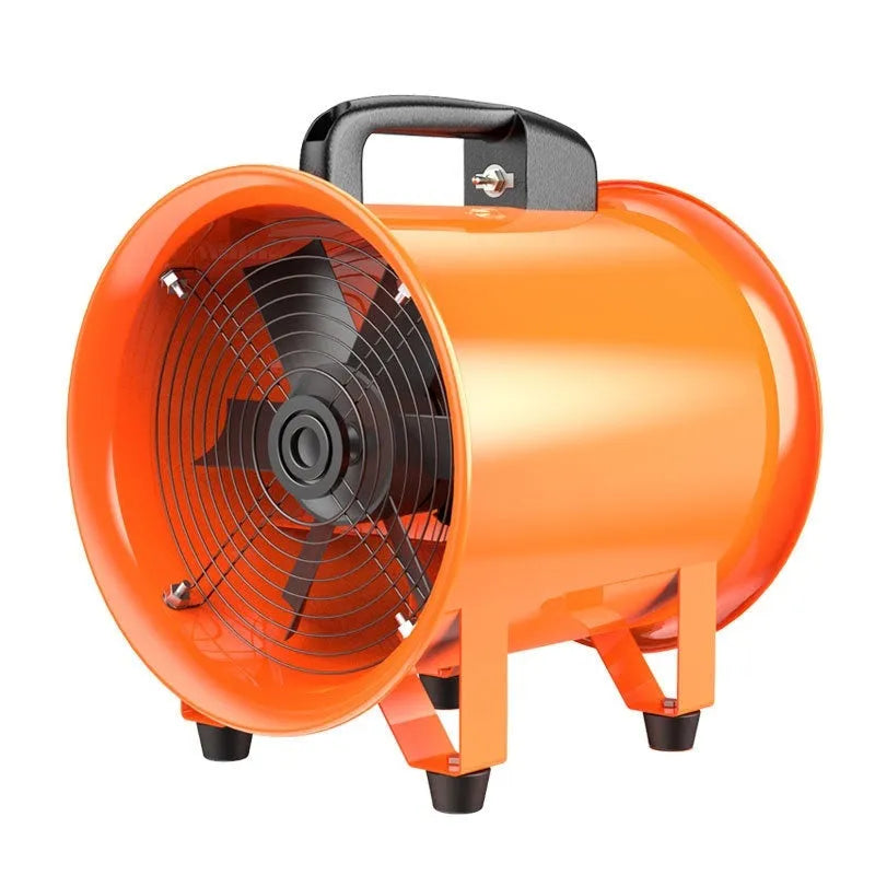 Industrial axial flow fan with titanium steel blades and attached air duct for ventilation.