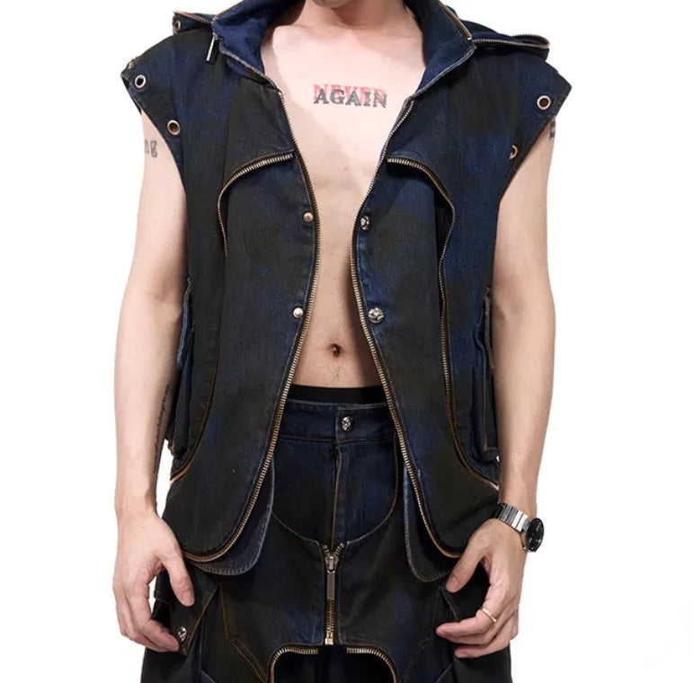 Blue hooded denim vest coat and matching trousers set with front zip closure