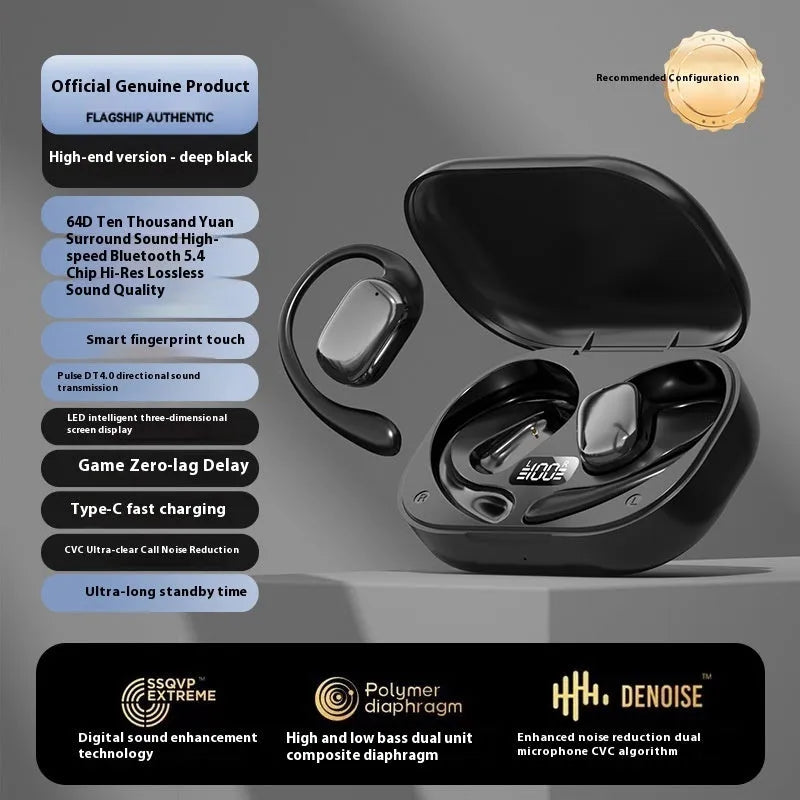 Ear-mounted headphones with digital display screen in black, skin colour, or white options
