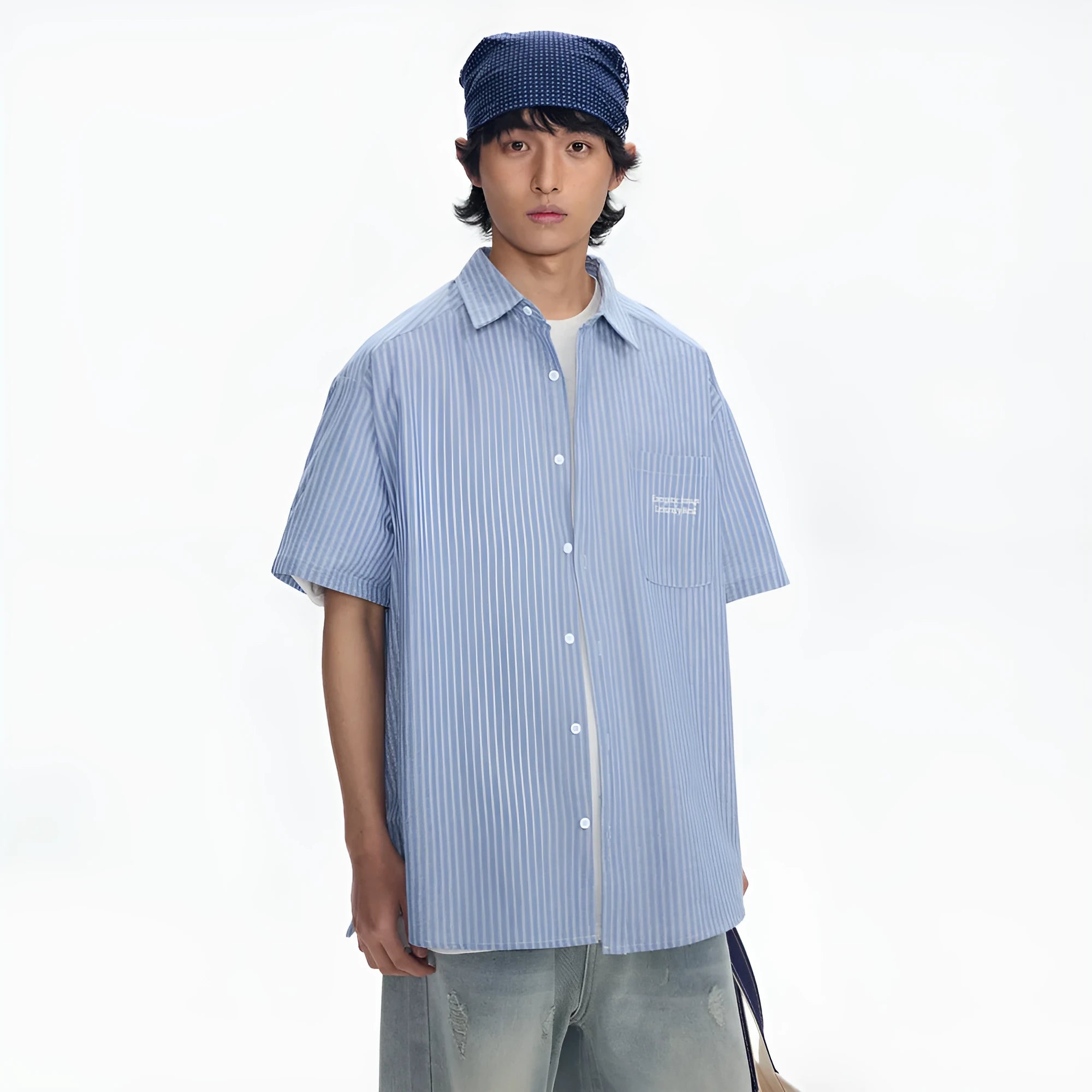 Blue striped loose-fitting short-sleeved overalls shirt for men and women