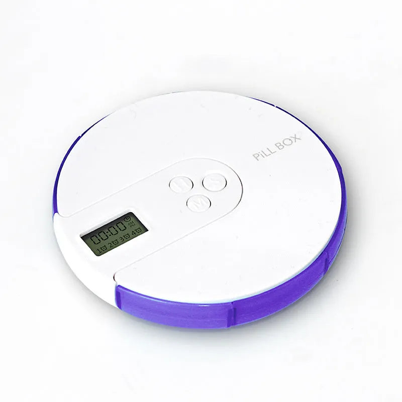 Blue 7-compartment alarm clock pill dispenser showing digital display and pill slots.