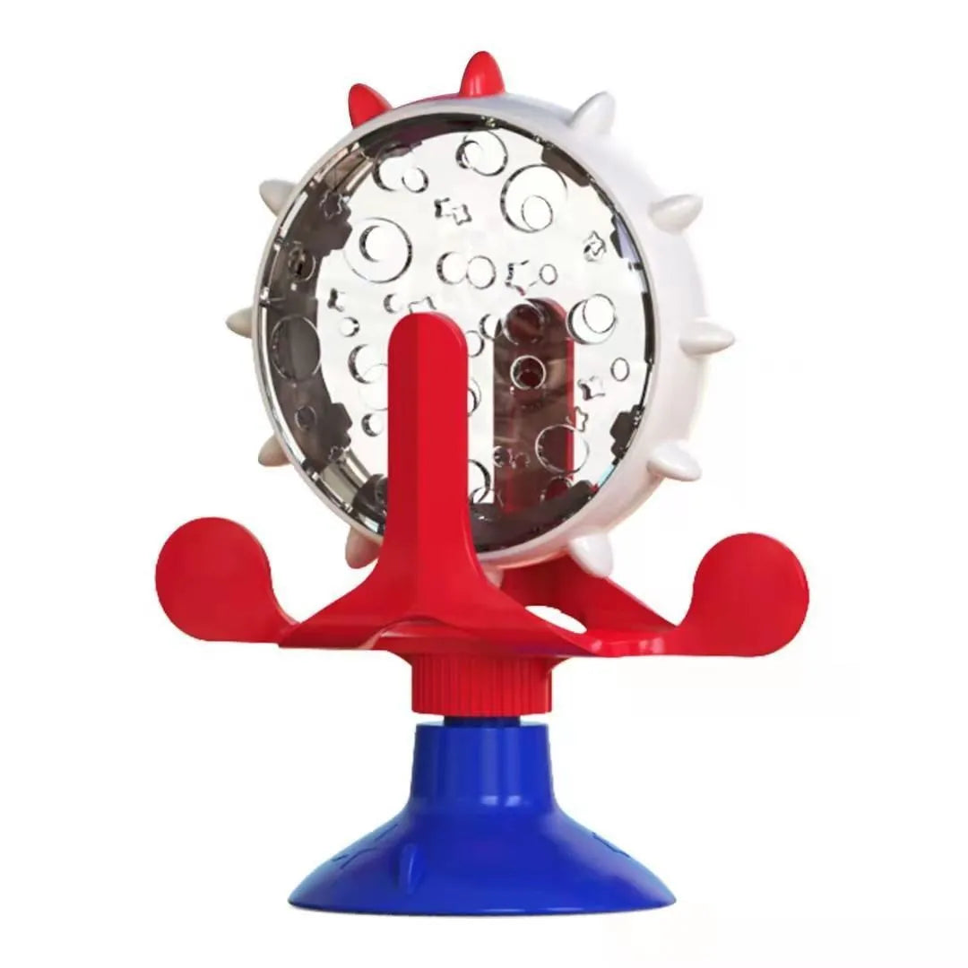 Interactive pet puzzle slow feeder toy with suction cup base in blue, green, red, or yellow colour.