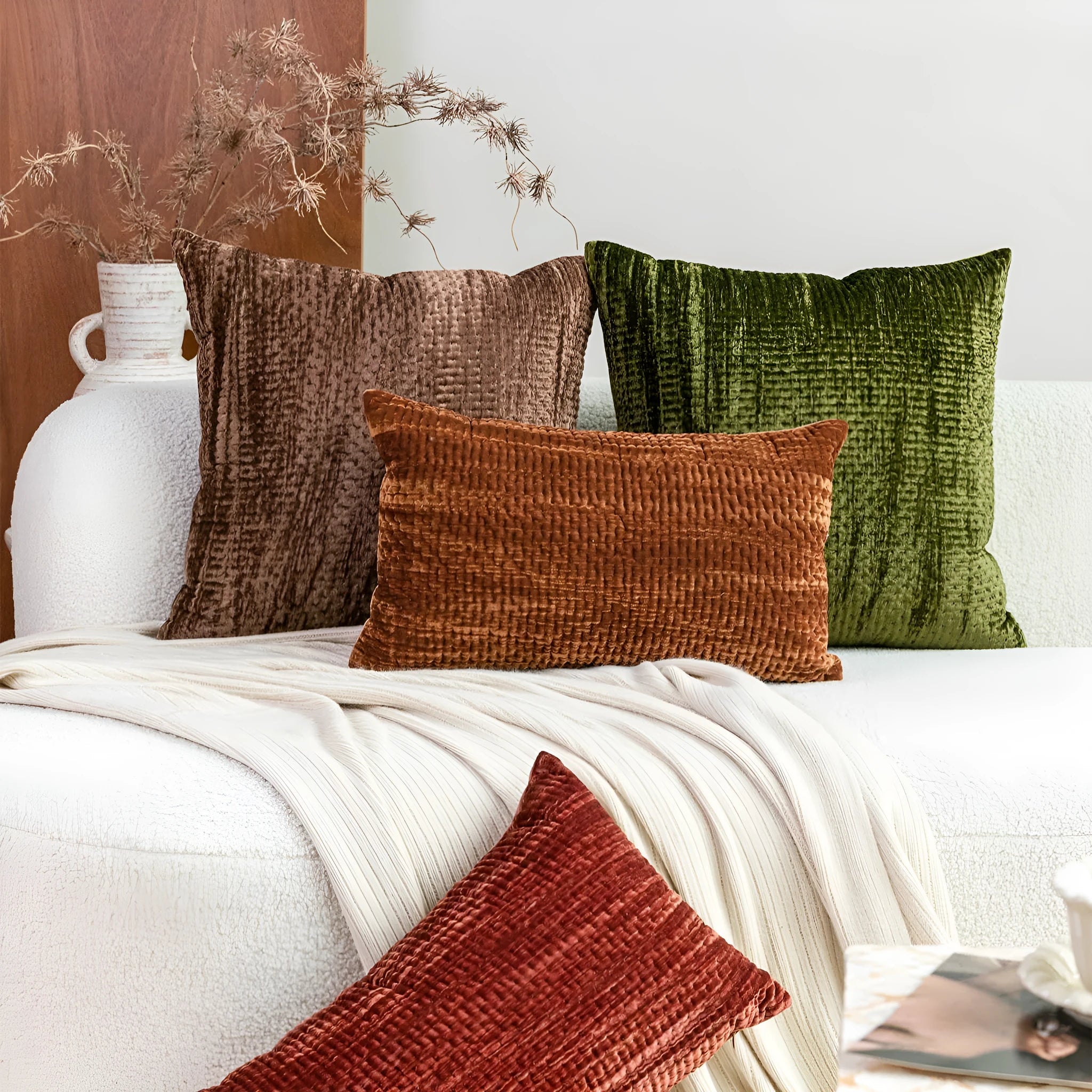 Antique style modern cushion pillow with quilted velvet texture in green, red, mocha, or orange colours